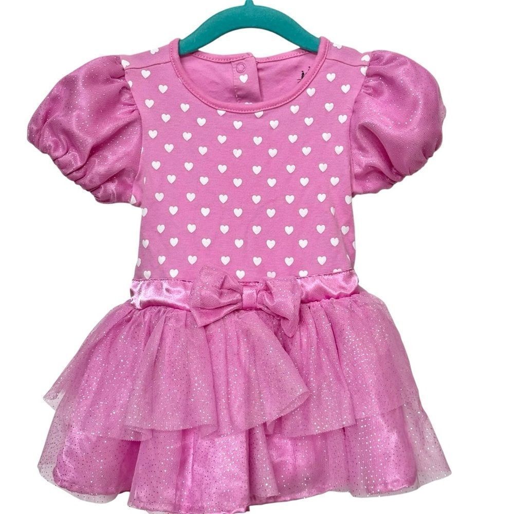 Disney Baby Short Sleeve Pink Heart Print Tulle Skirt Onesie. 18-24 Months.